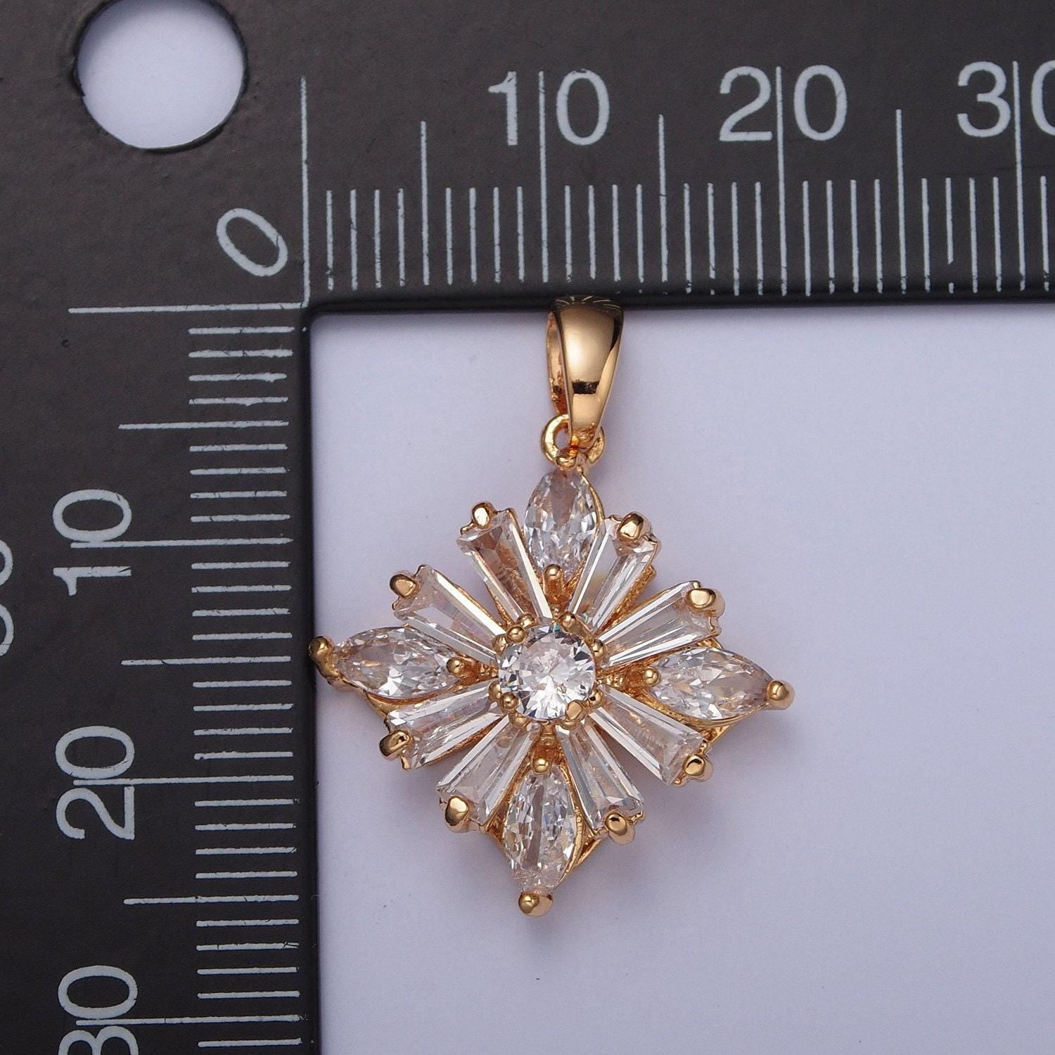 Dainty gold filled flower diamond charm florette micro pave cubic zirconia cz baguette stones pendant for necklace earring bracelet | x-390