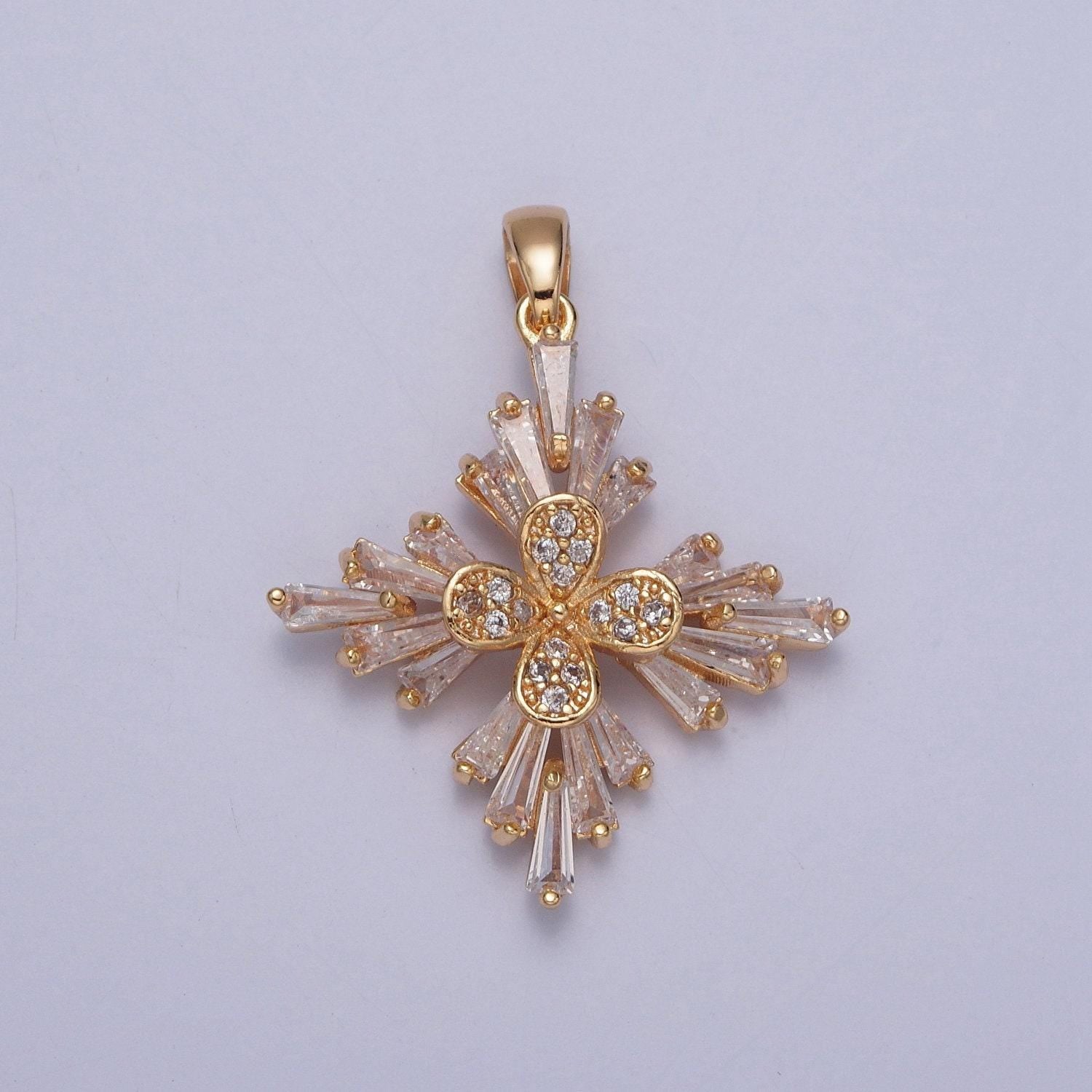 24k gold filled four leaf clover baguette stone icicles lucky charm necklace good luck pendant | x-387