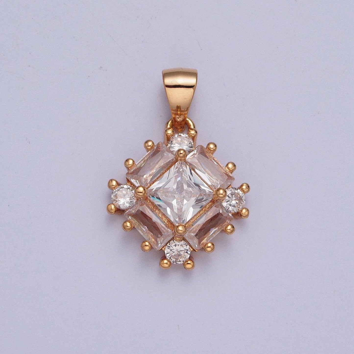 18k gold diamond shaped micro pave cz and baguette stones pendant, dainty micro pave beaded charm for necklace bracelet earring | x-376