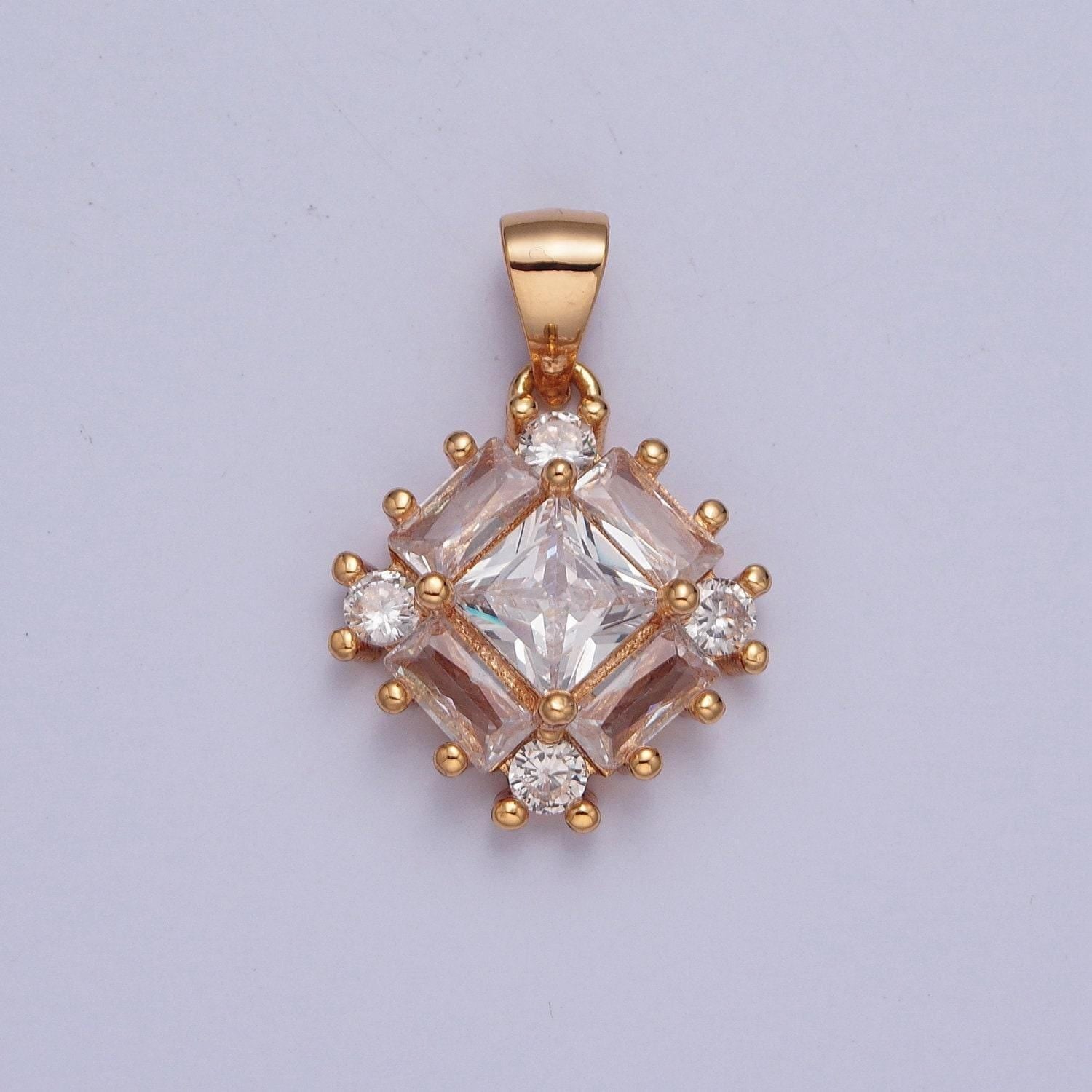 18k gold diamond shaped micro pave cz and baguette stones pendant, dainty micro pave beaded charm for necklace bracelet earring | x-376