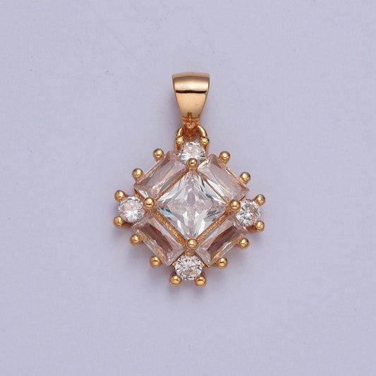 18k gold diamond shaped micro pave cz and baguette stones pendant, dainty micro pave beaded charm for necklace bracelet earring | x-376