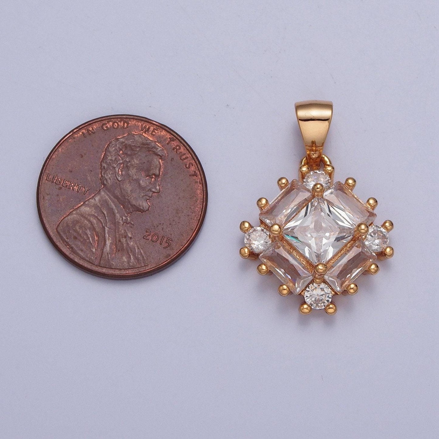 18k gold diamond shaped micro pave cz and baguette stones pendant, dainty micro pave beaded charm for necklace bracelet earring | x-376