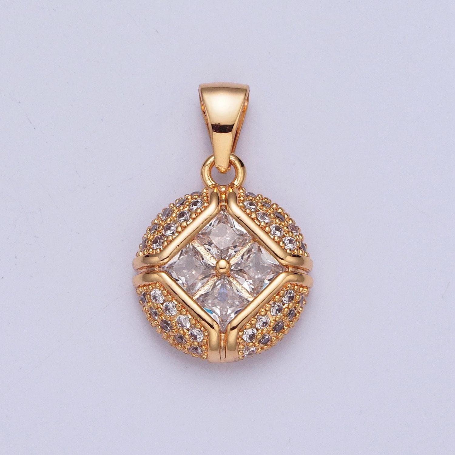 18k gold flower diamond circular ball micro pave cz stone pendant, round ball statement charm for necklace | x-374