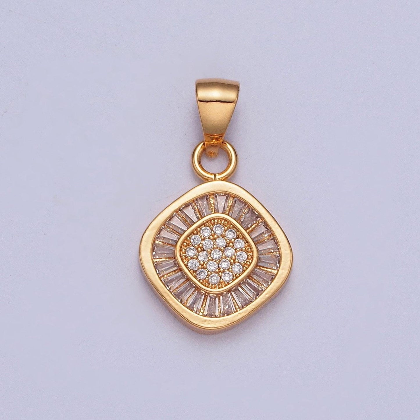18k gold plated round soft-edged rhombus diamond micro pave cz baguette stones pendant, dainty round diamond charm | x-368