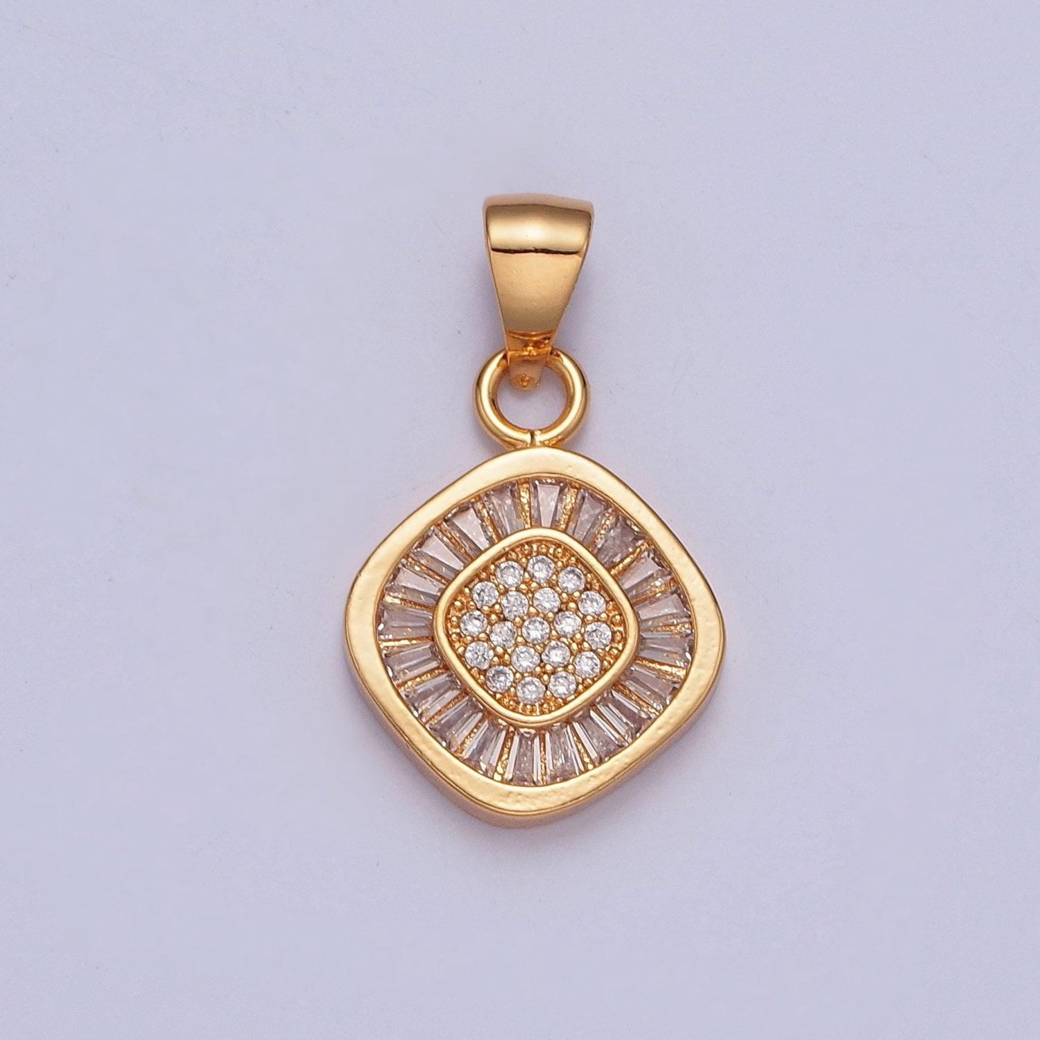 18k gold plated round soft-edged rhombus diamond micro pave cz baguette stones pendant, dainty round diamond charm | x-368