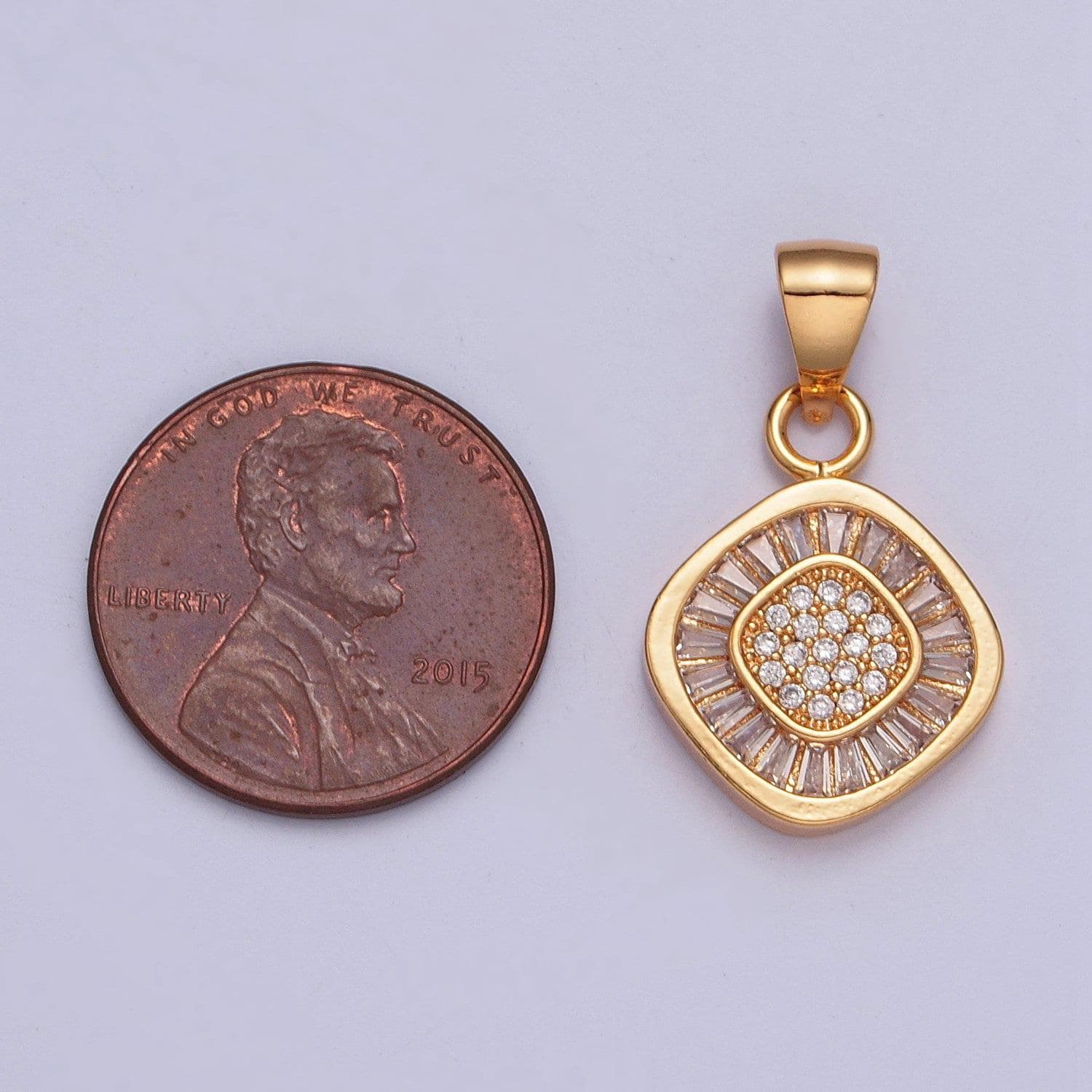 18k gold plated round soft-edged rhombus diamond micro pave cz baguette stones pendant, dainty round diamond charm | x-368