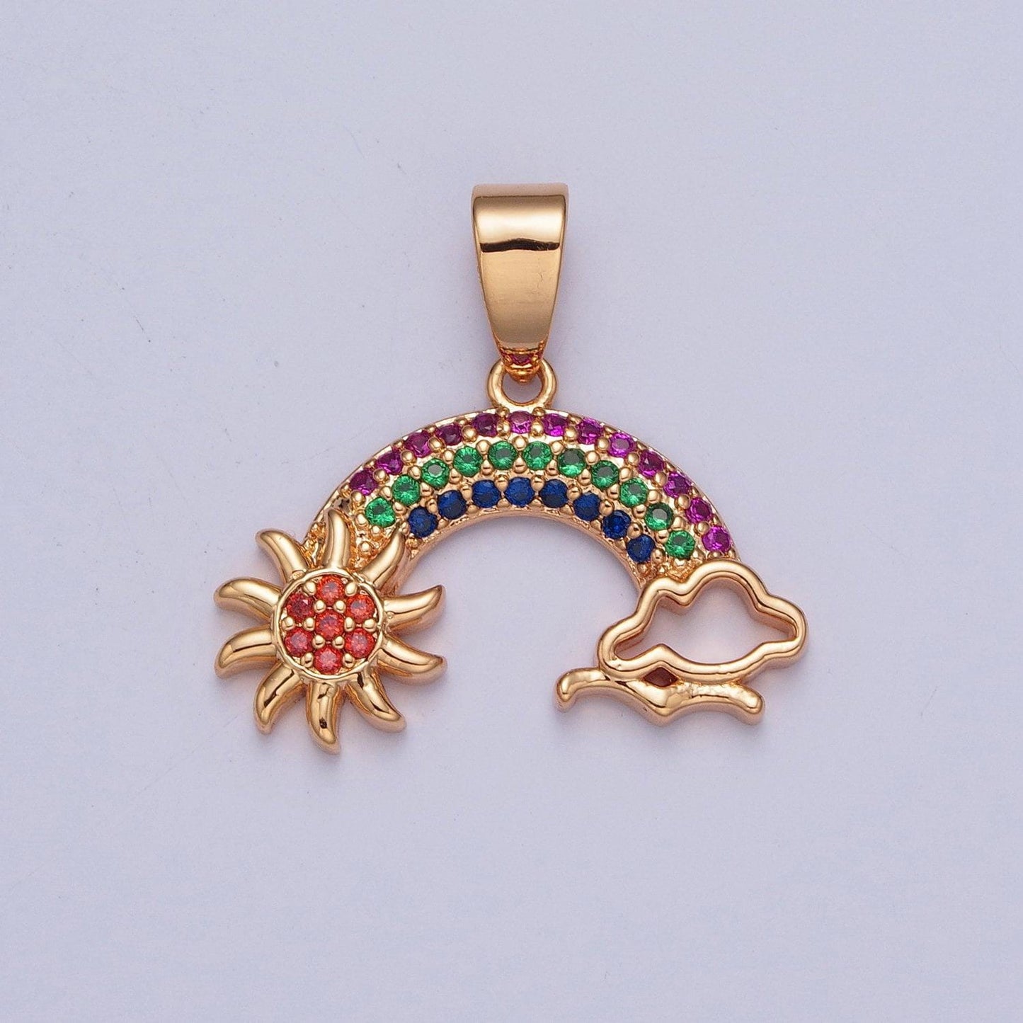 18k clear colorful gold rainbow over sun and clouds charm, sunny day cloudy bird pendant, micro pave cz stone rainbow pendant | x-364, x-365