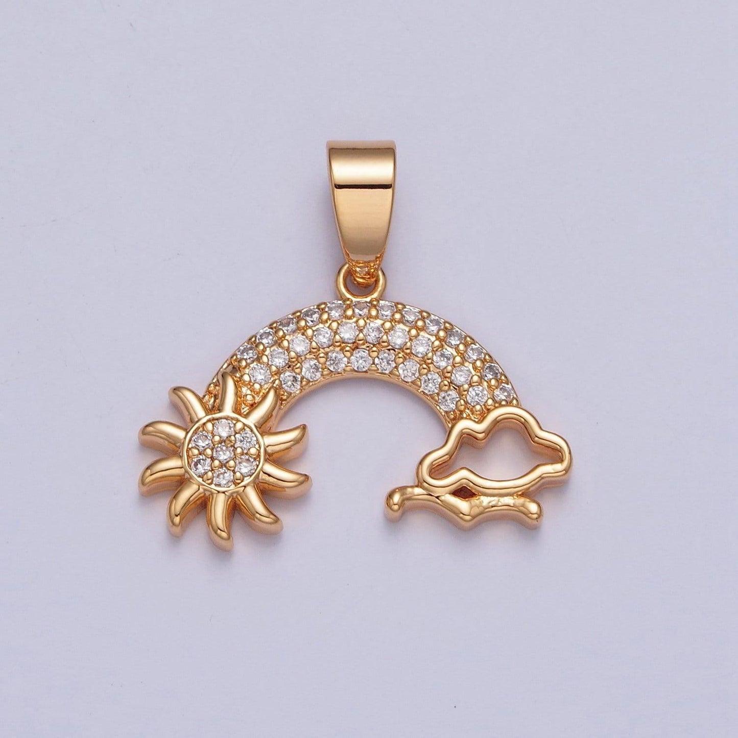 18k clear colorful gold rainbow over sun and clouds charm, sunny day cloudy bird pendant, micro pave cz stone rainbow pendant | x-364, x-365