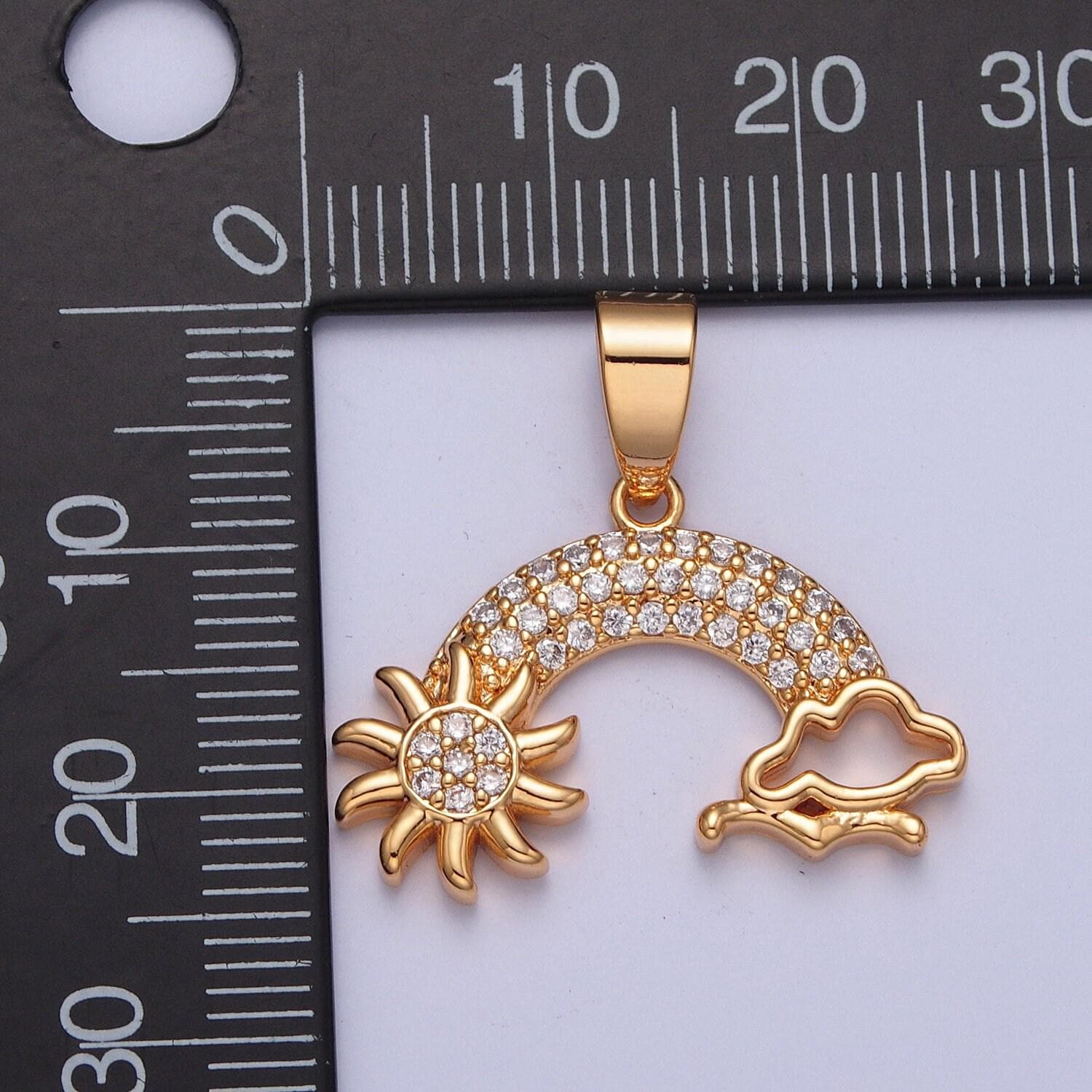 18k clear colorful gold rainbow over sun and clouds charm, sunny day cloudy bird pendant, micro pave cz stone rainbow pendant | x-364, x-365