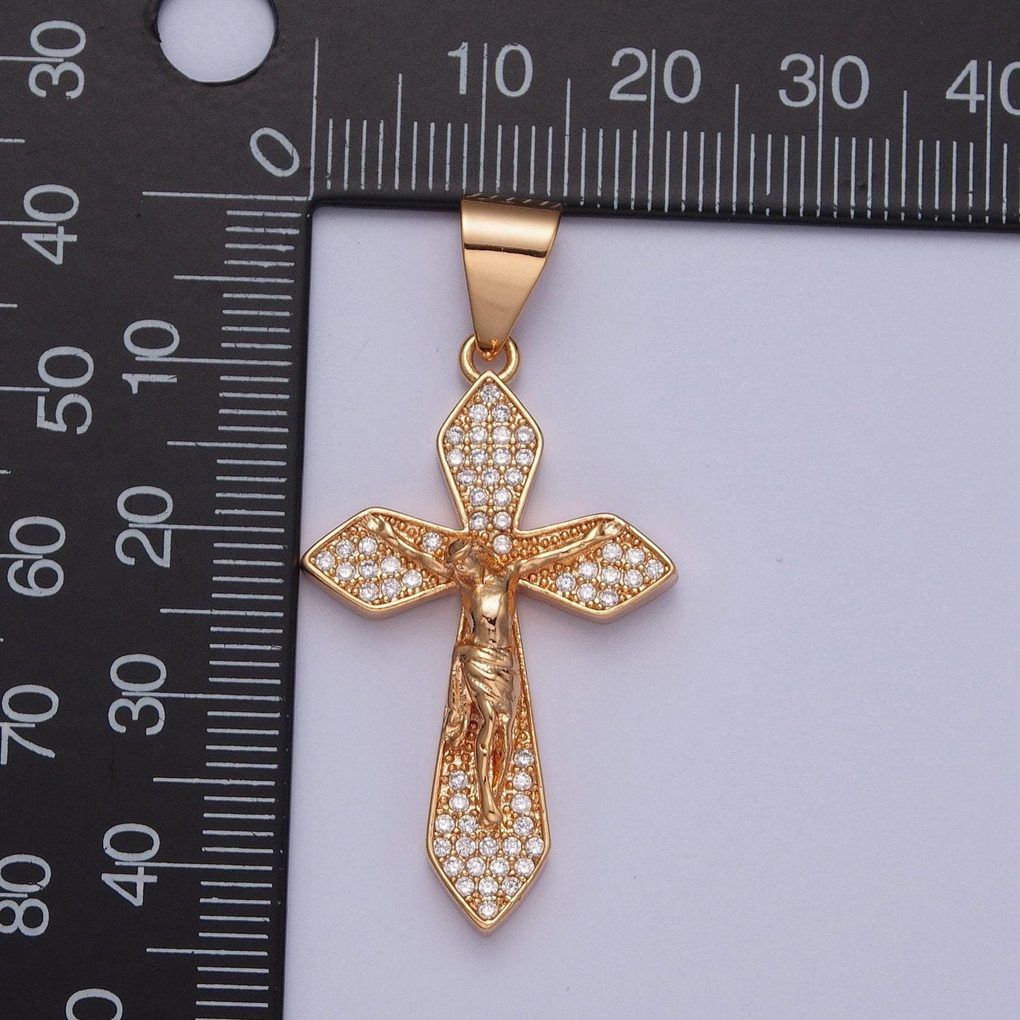 18k gold plated the cruxifix charm, inri the cross of jesus pendant, micro pave cz stone for religious minimalist layering pendant | x-355