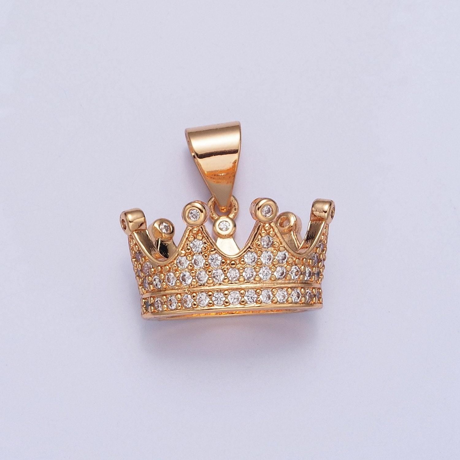 18k gold plated small royal crown micro pave cubic zirconia cz stones pendant, king queen vintage crown design charm | x-351