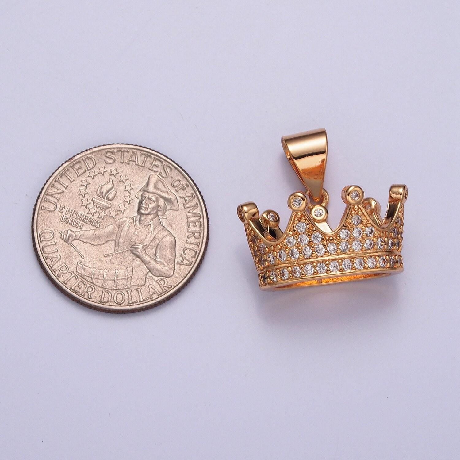 18k gold plated small royal crown micro pave cubic zirconia cz stones pendant, king queen vintage crown design charm | x-351