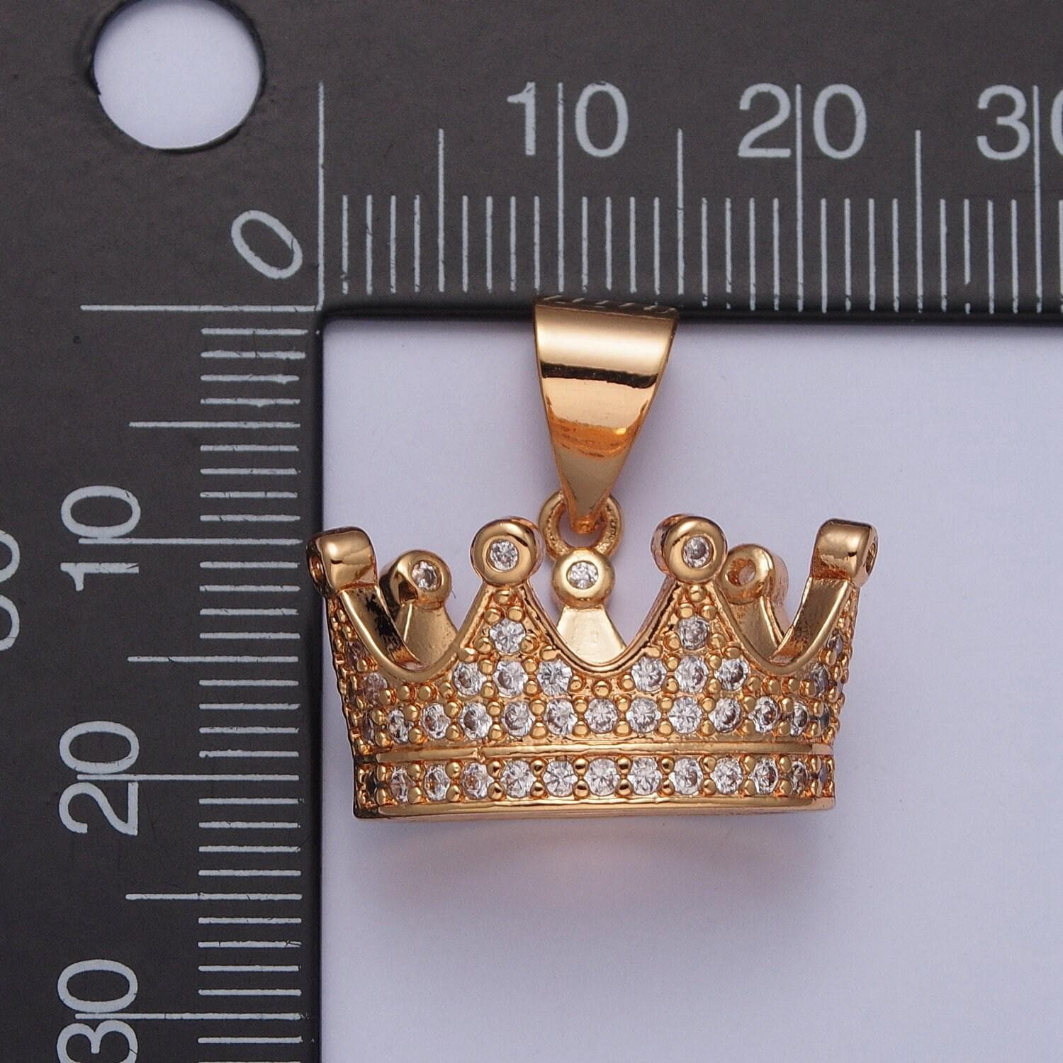 18k gold plated small royal crown micro pave cubic zirconia cz stones pendant, king queen vintage crown design charm | x-351