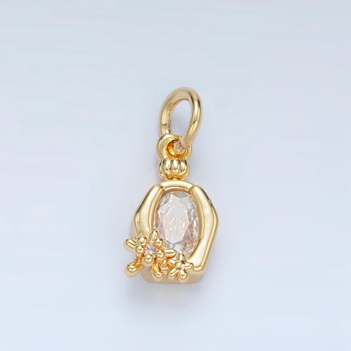 Oval clear cz hexagonal bezel flower 24k gold filled charm | x-300