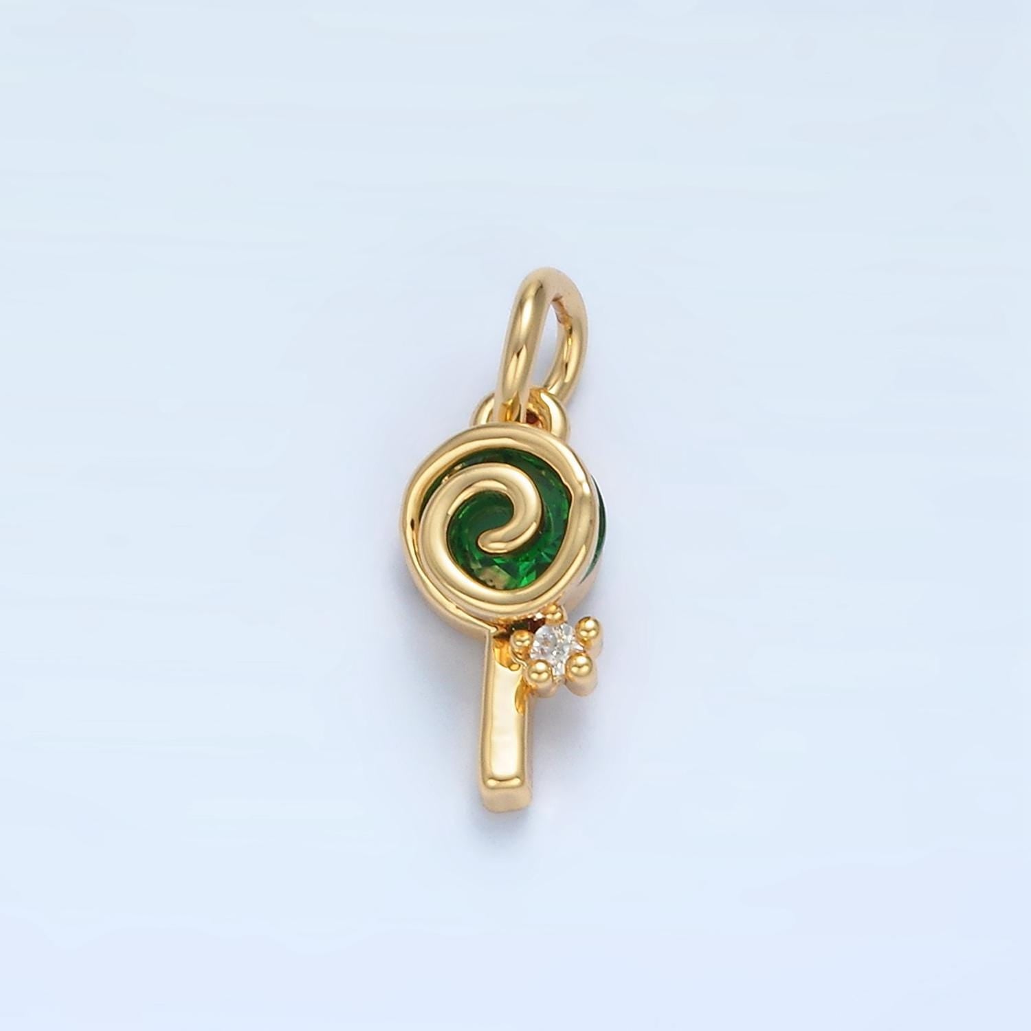 Mini gold filled lollipop green sugar swirl cz candy charm | x-287