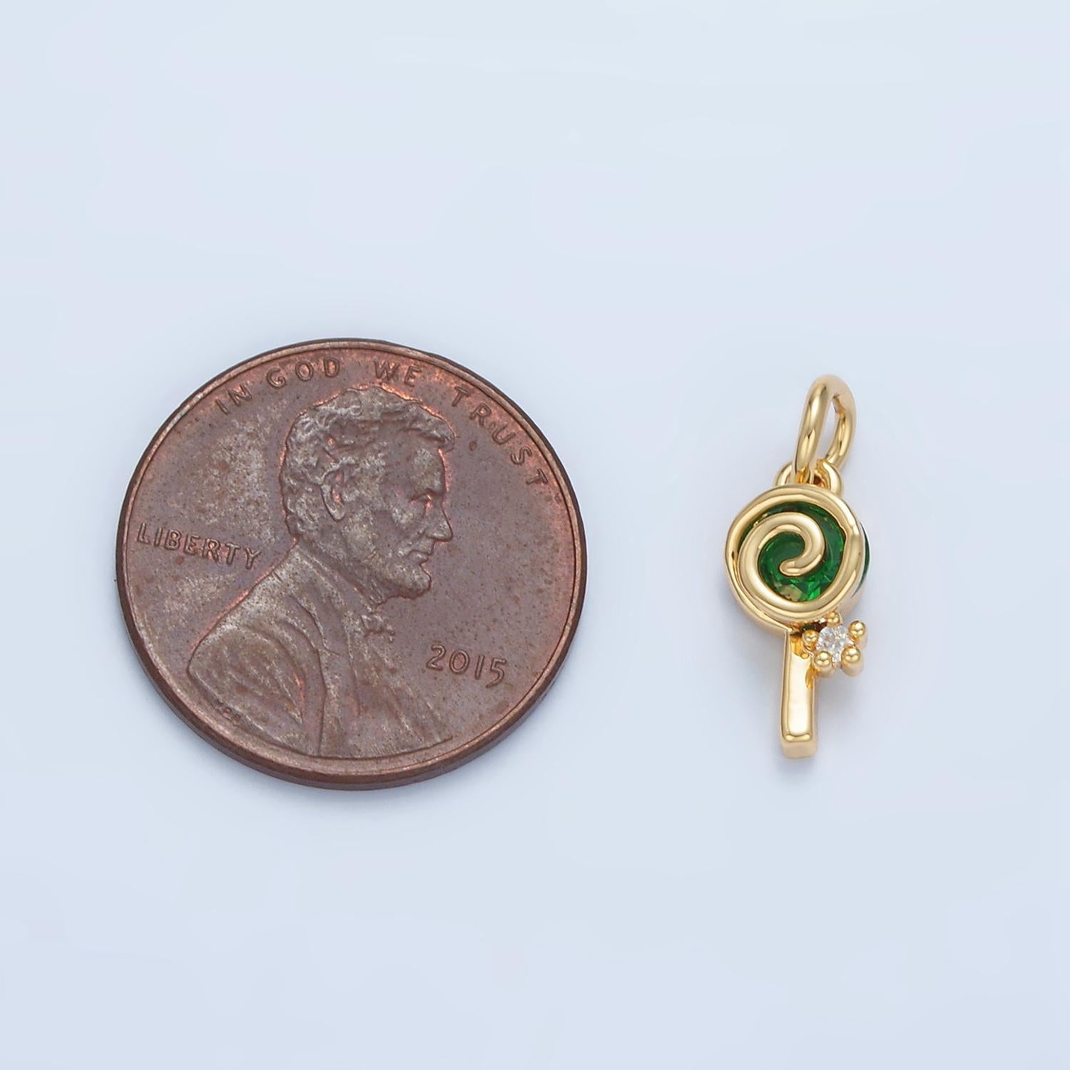Mini gold filled lollipop green sugar swirl cz candy charm | x-287