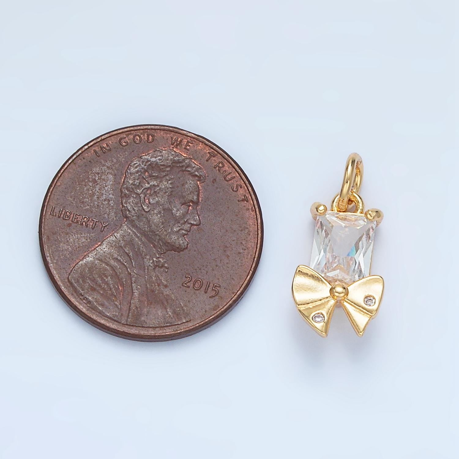 Square clear cz baguette gold filled dotted ribbon bow charm | x-282