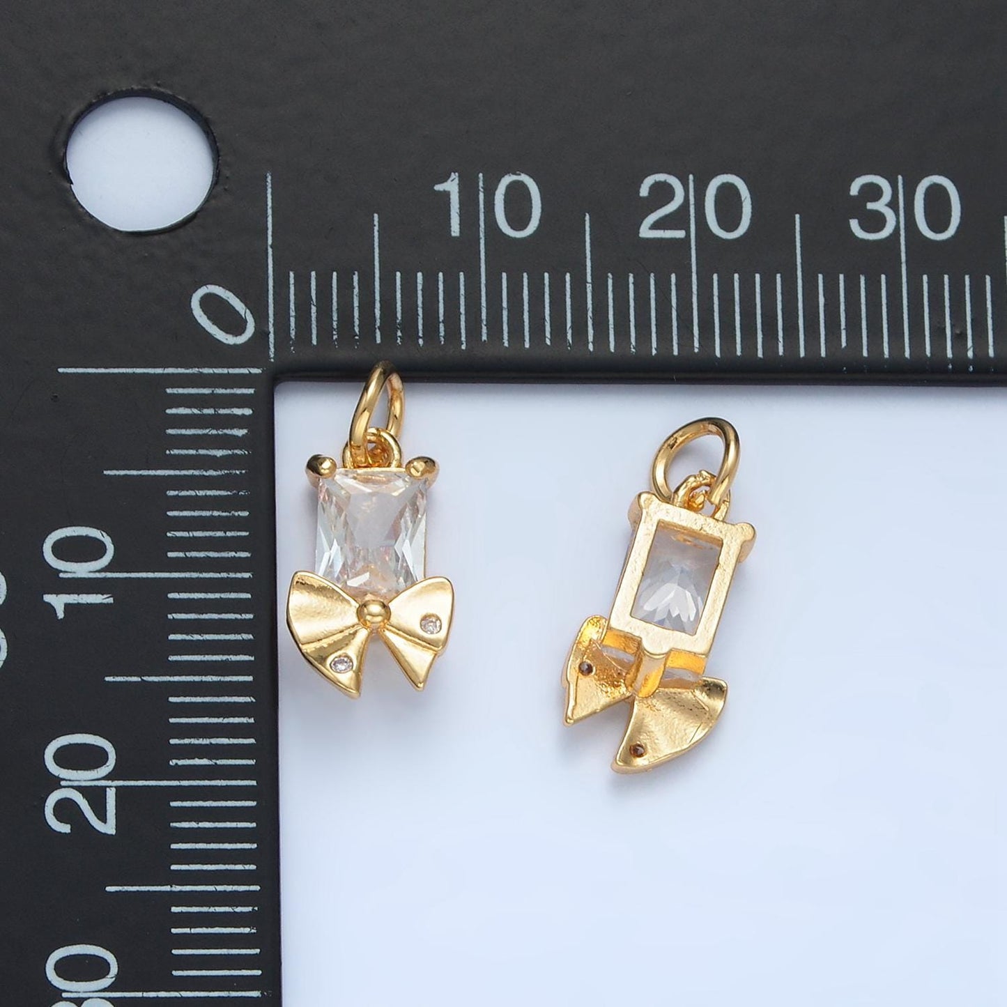 Square clear cz baguette gold filled dotted ribbon bow charm | x-282