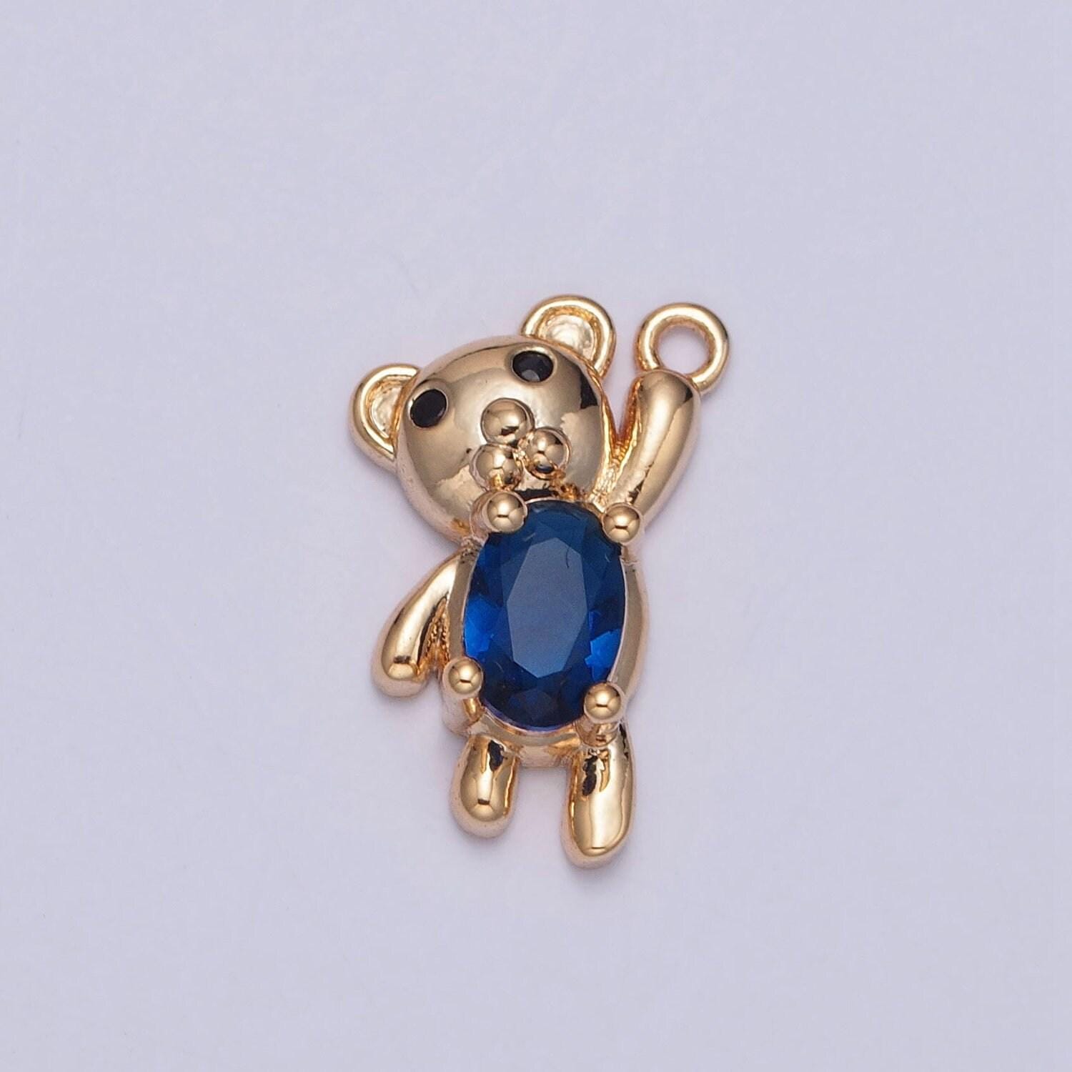 16k gold plated clear/blue arms up teddy bear with cubic zirconia stone pendant for jewelry making | x-205, x-256