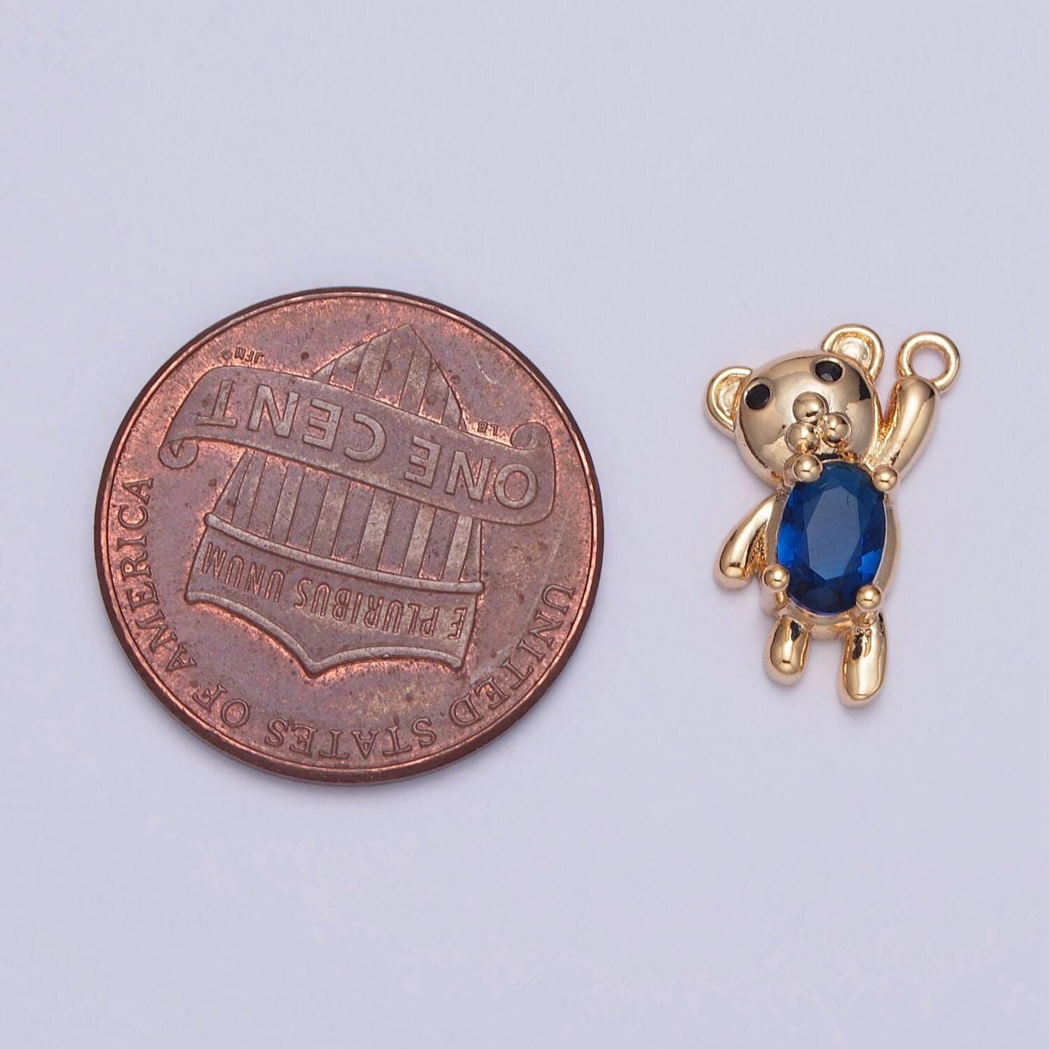 16k gold plated clear/blue arms up teddy bear with cubic zirconia stone pendant for jewelry making | x-205, x-256