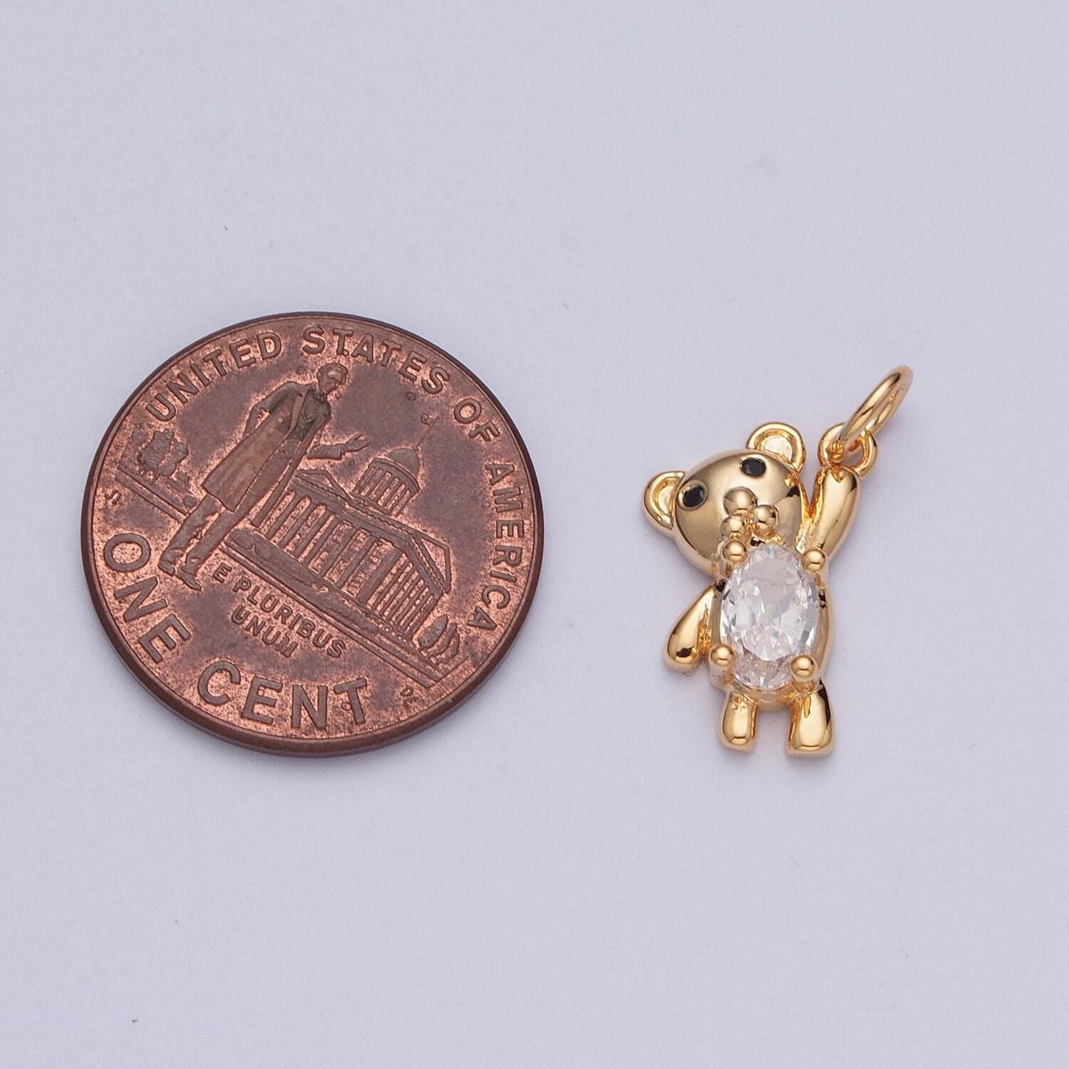 16k gold plated clear/blue arms up teddy bear with cubic zirconia stone pendant for jewelry making | x-205, x-256