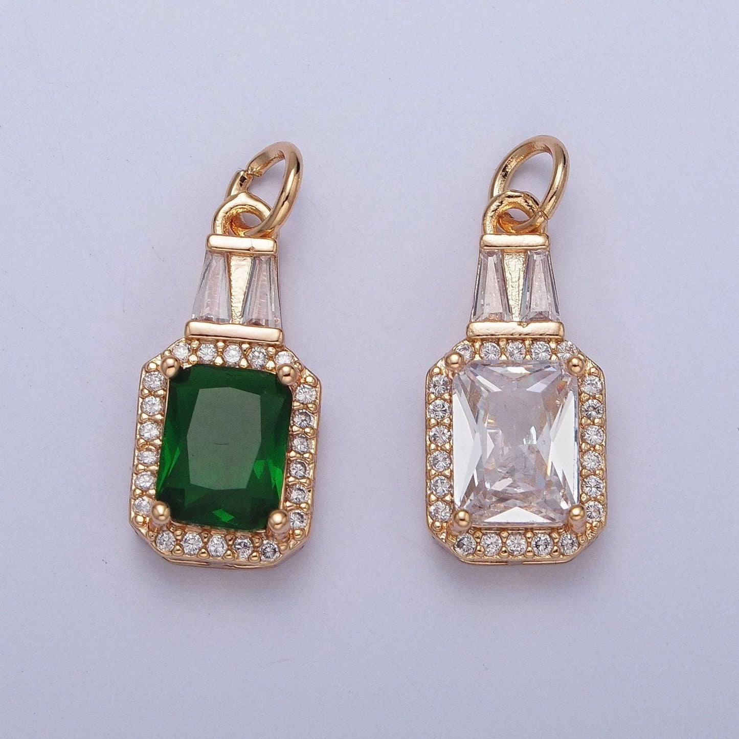 Dainty 16k gold filled emerald green/crystal clear cubic zirconia cz stone rectangular bottle pendant w. baguette stones | x-254, x-255