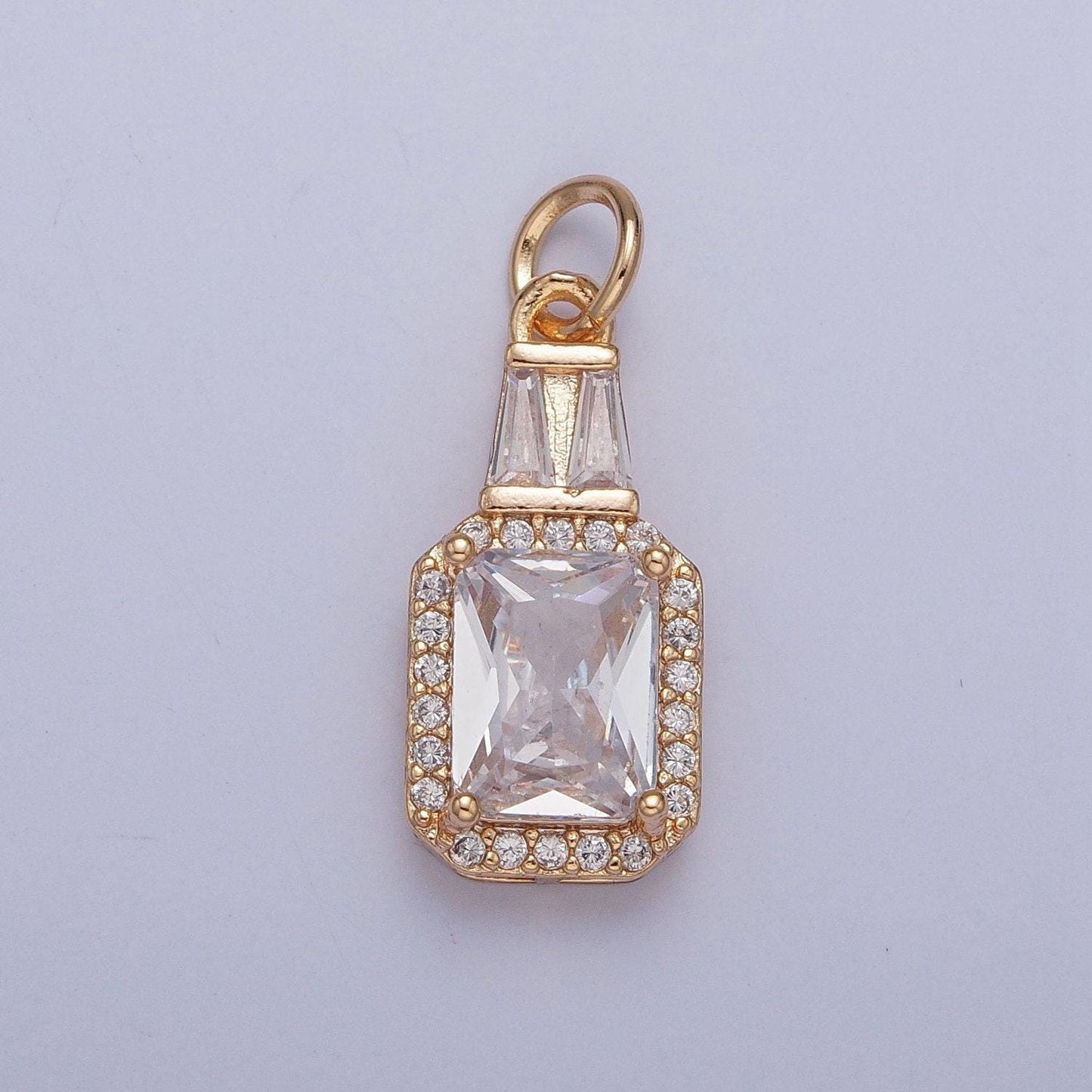 Dainty 16k gold filled emerald green/crystal clear cubic zirconia cz stone rectangular bottle pendant w. baguette stones | x-254, x-255