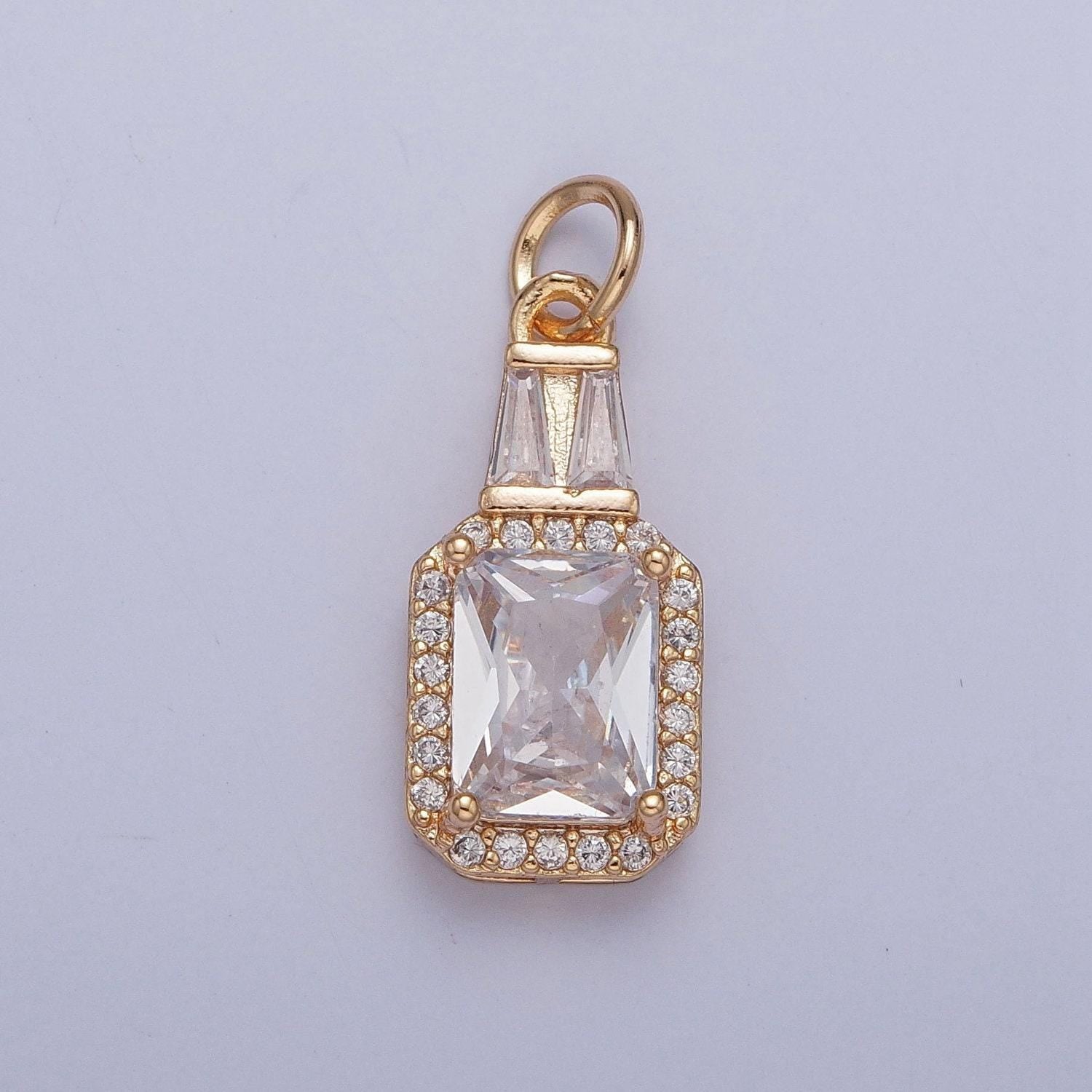 Dainty 16k gold filled emerald green/crystal clear cubic zirconia cz stone rectangular bottle pendant w. baguette stones | x-254, x-255