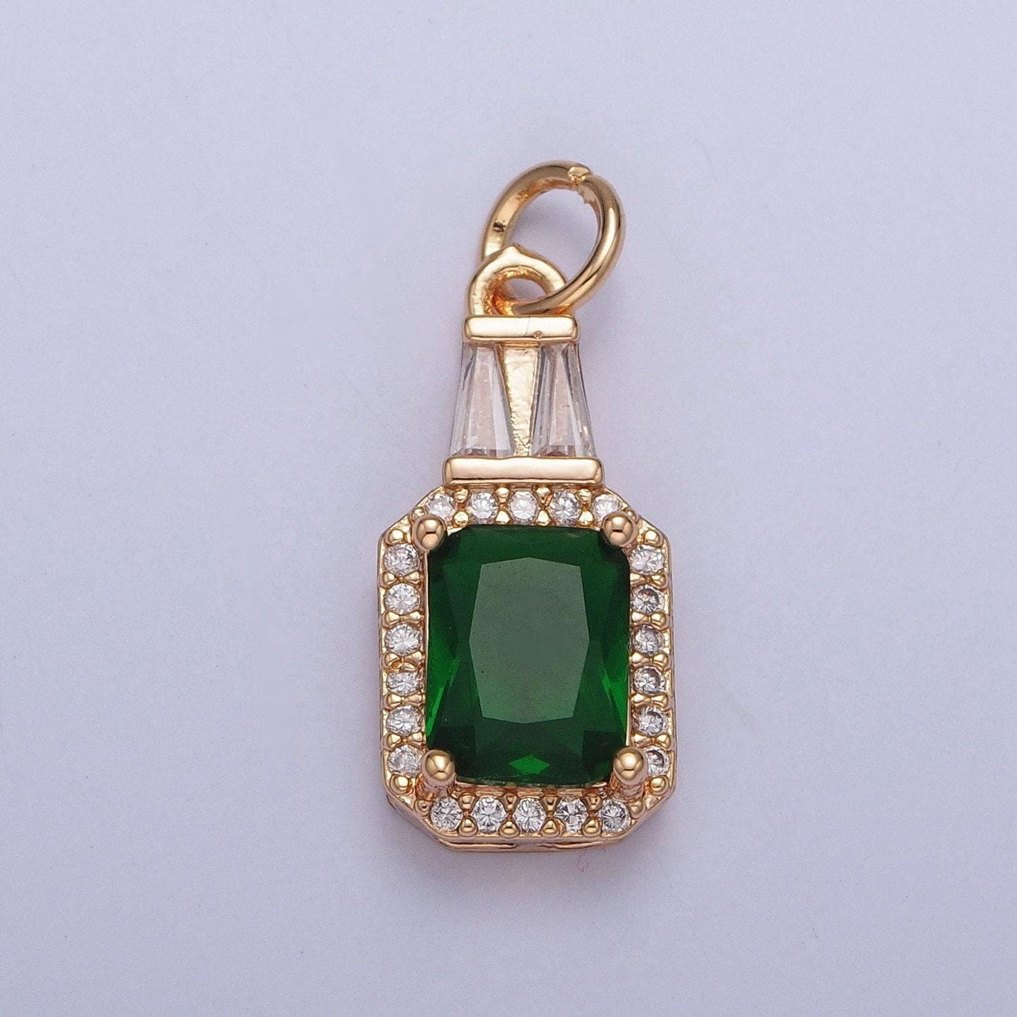 Dainty 16k gold filled emerald green/crystal clear cubic zirconia cz stone rectangular bottle pendant w. baguette stones | x-254, x-255