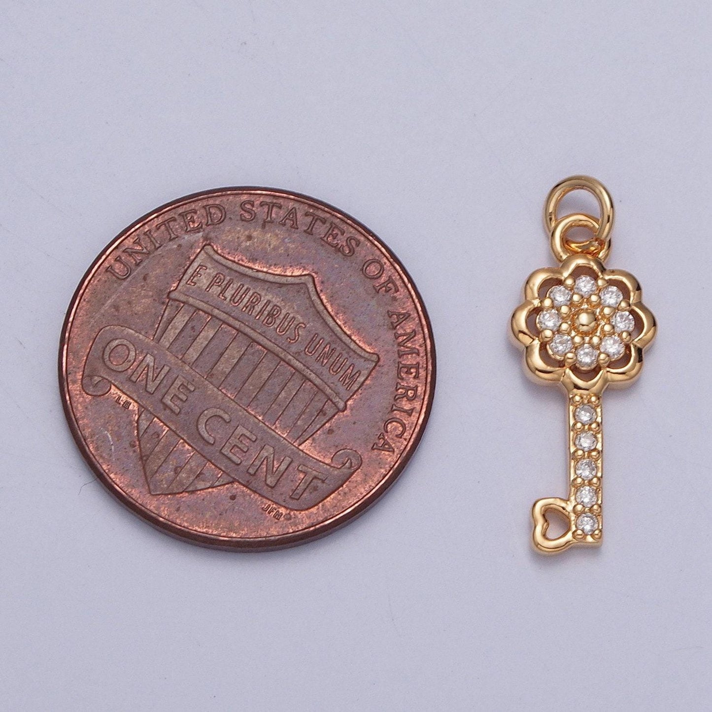 16k gold dainty elegant floral key love tiny heart bit micro pave cz beaded key pendant charm for jewelry necklace making | x-247
