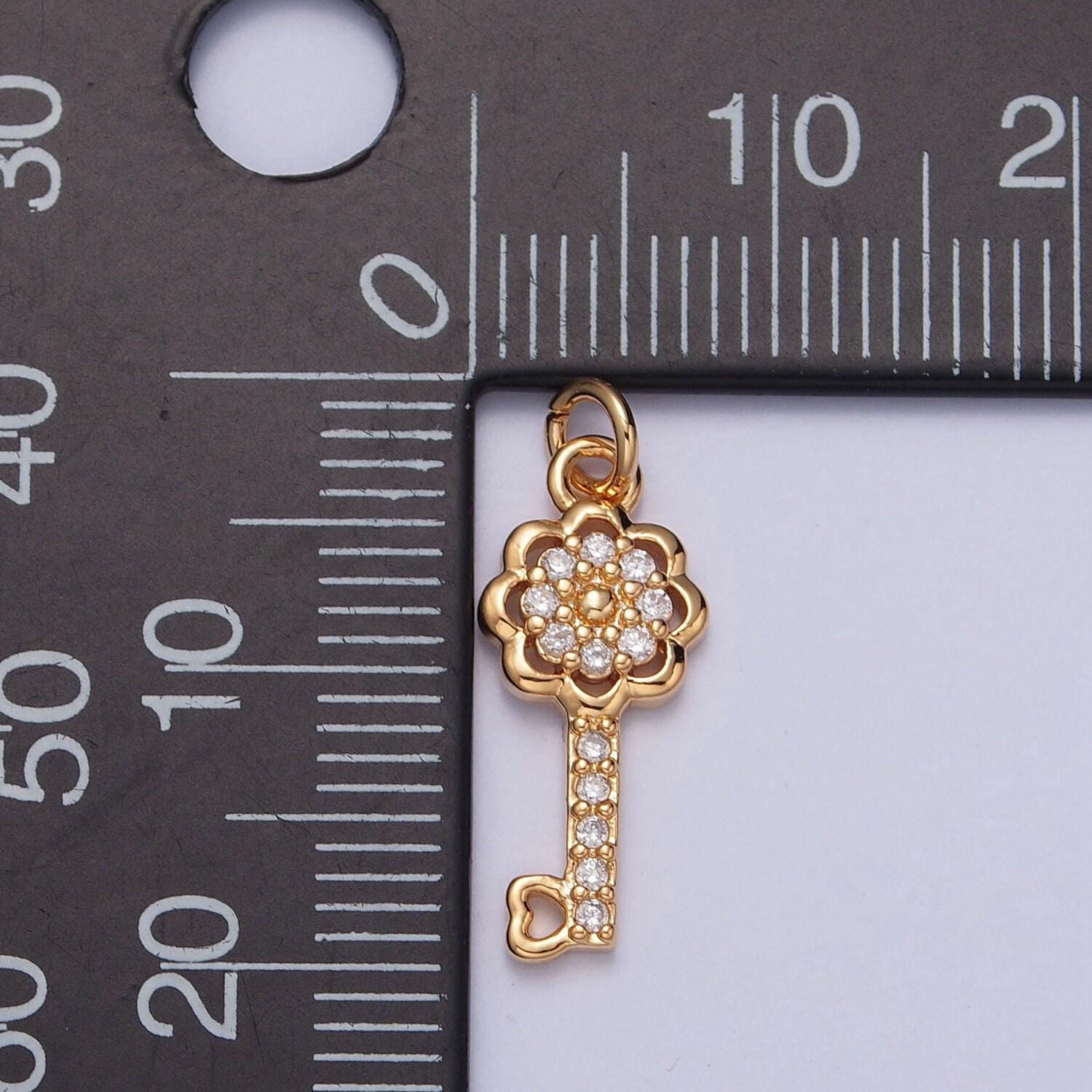 16k gold dainty elegant floral key love tiny heart bit micro pave cz beaded key pendant charm for jewelry necklace making | x-247