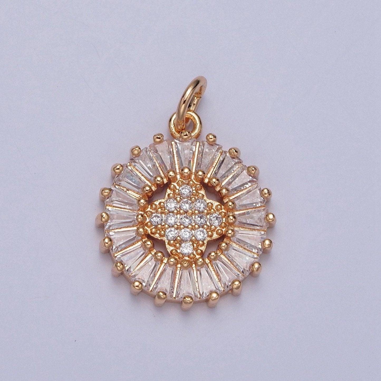 16k gold round circular micro pave cz baguette stones pendant, dainty soft-four-edged flower charm | x-236