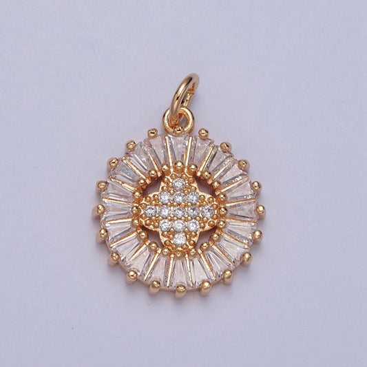 16k gold round circular micro pave cz baguette stones pendant, dainty soft-four-edged flower charm | x-236