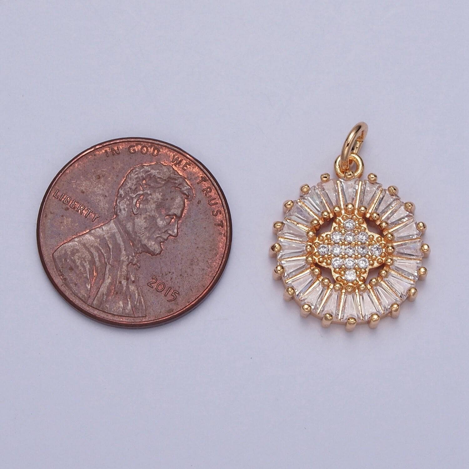 16k gold round circular micro pave cz baguette stones pendant, dainty soft-four-edged flower charm | x-236