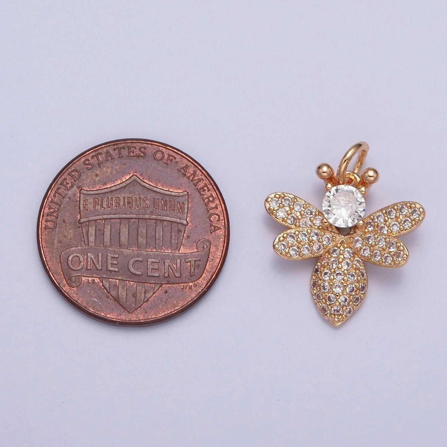 16k gold filled cute dainty flying insect micro pave cz pendant, gold butterfly honey queen bee charm, minimalist layering necklaces | x-227