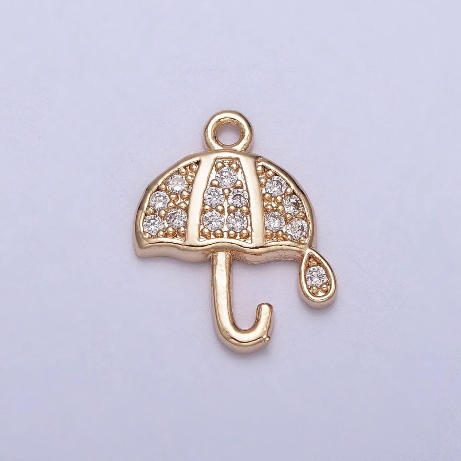 16k gold plated dainty umbrella with rain drop micro pave pendant | diy fashion jewelry charm add on necklace bracelet earring | x-226