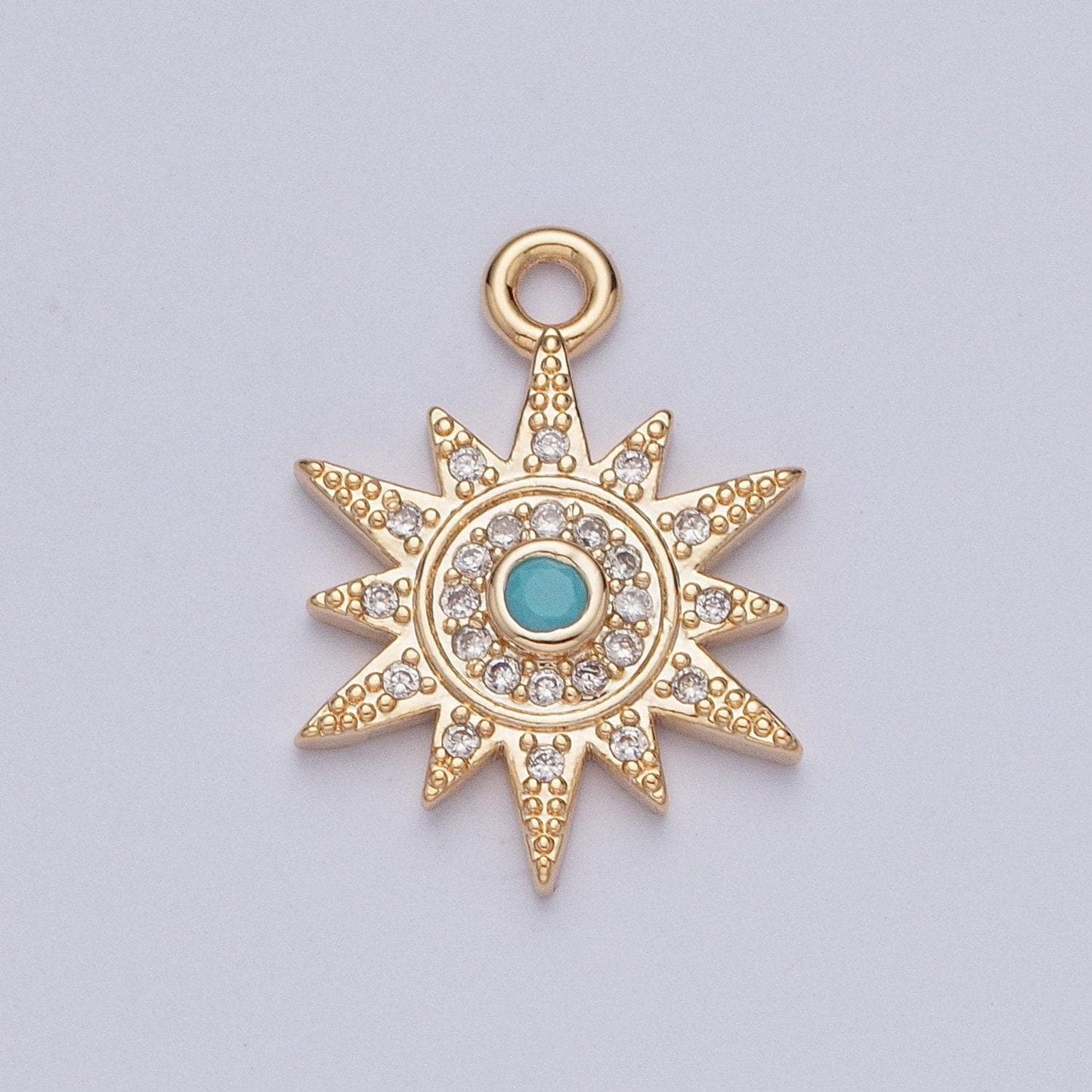 16k dainty gold sun charm, opal turquoise cubic zirconia micro cz pave sunburst beaded pendant, gold plated celestial charm | x-208