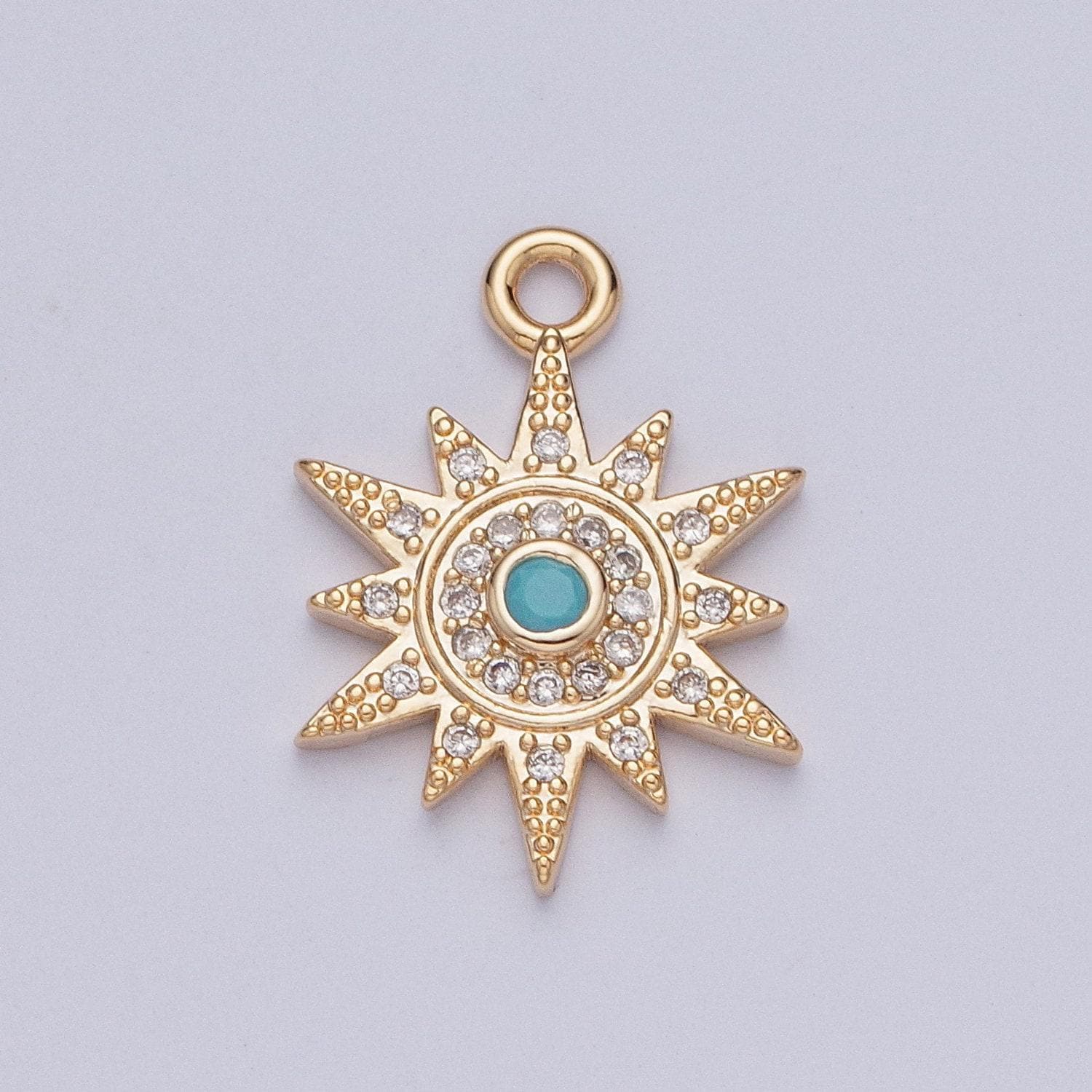 16k dainty gold sun charm, opal turquoise cubic zirconia micro cz pave sunburst beaded pendant, gold plated celestial charm | x-208