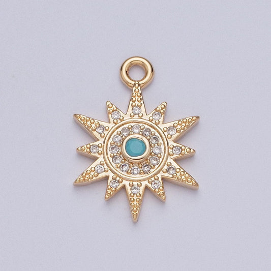 16k dainty gold sun charm, opal turquoise cubic zirconia micro cz pave sunburst beaded pendant, gold plated celestial charm | x-208