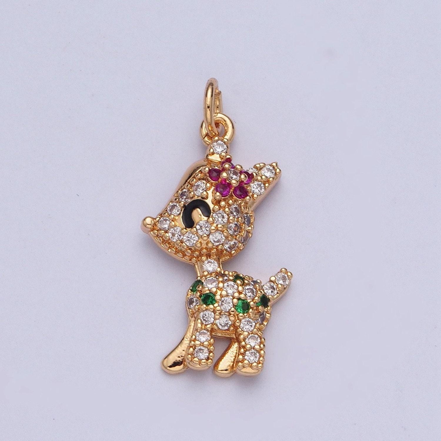 14k gold filled cute baby deer charm, dainty flower deer micro pave cz pendant, multicolored animal charm cubic | x-199