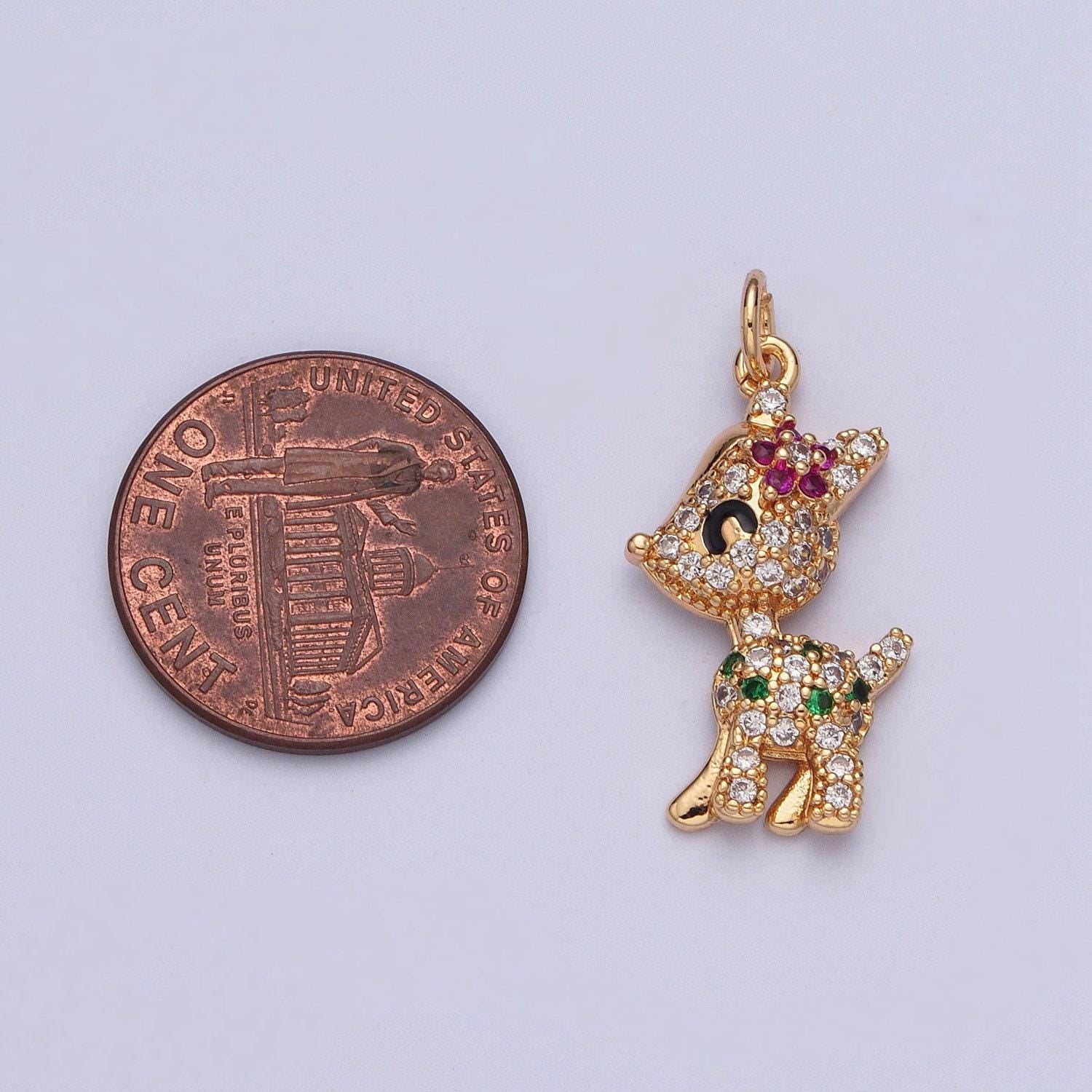 14k gold filled cute baby deer charm, dainty flower deer micro pave cz pendant, multicolored animal charm cubic | x-199
