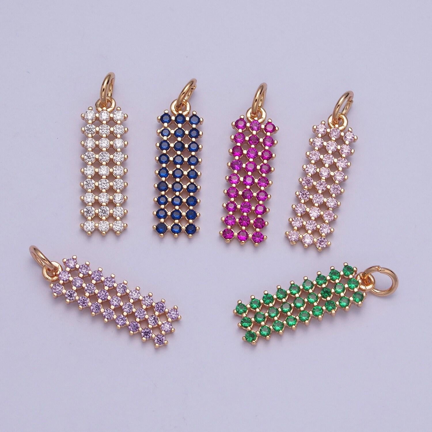 14k gold filled rectangular colored mesh net micro pave cz stones pendant, rectangle statement charm for necklace | x-168~x-173