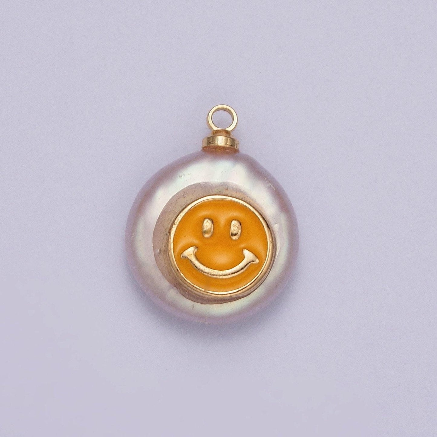 1pc dainty round white pearl face pendant, yellow enamel face charm, artificial white pearl smile pendant | x-154