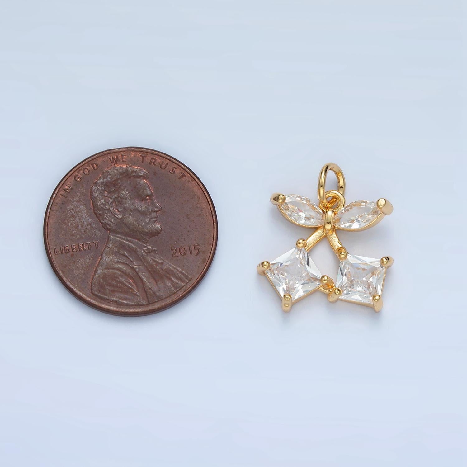 Double stem square cz cherries gold filled fruit charm | x-152