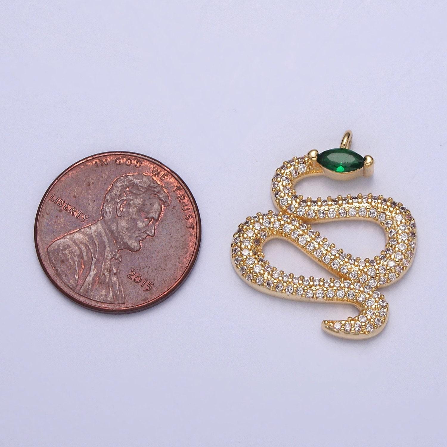 14k gold plated micro pave cz emerald green gemstone eye snake pendant - dainty chinese zodiac viper charm | x-150