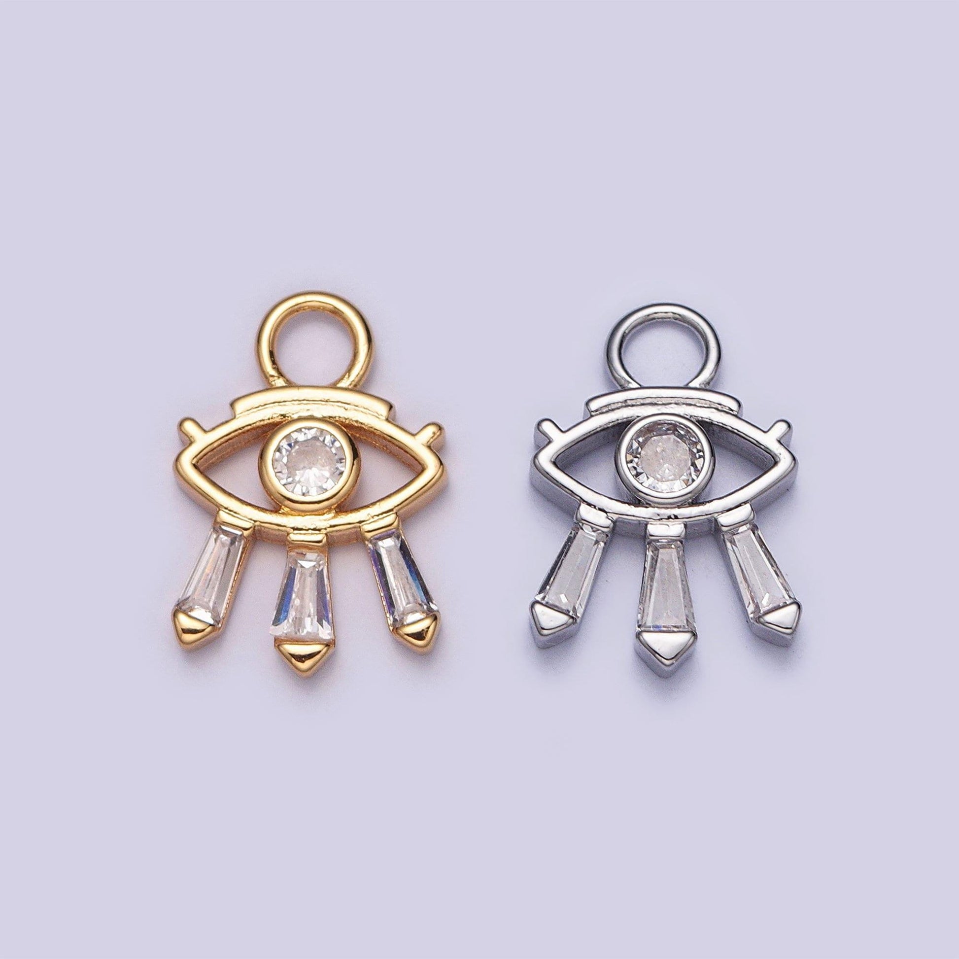 24k gold micro pave cubic zirconia evil eye charm, baguette stone eyelashes, gold plated tiny pendant diy small amulet piece | x-129