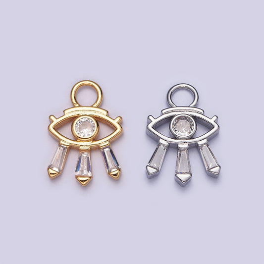 24k gold micro pave cubic zirconia evil eye charm, baguette stone eyelashes, gold plated tiny pendant diy small amulet piece | x-129