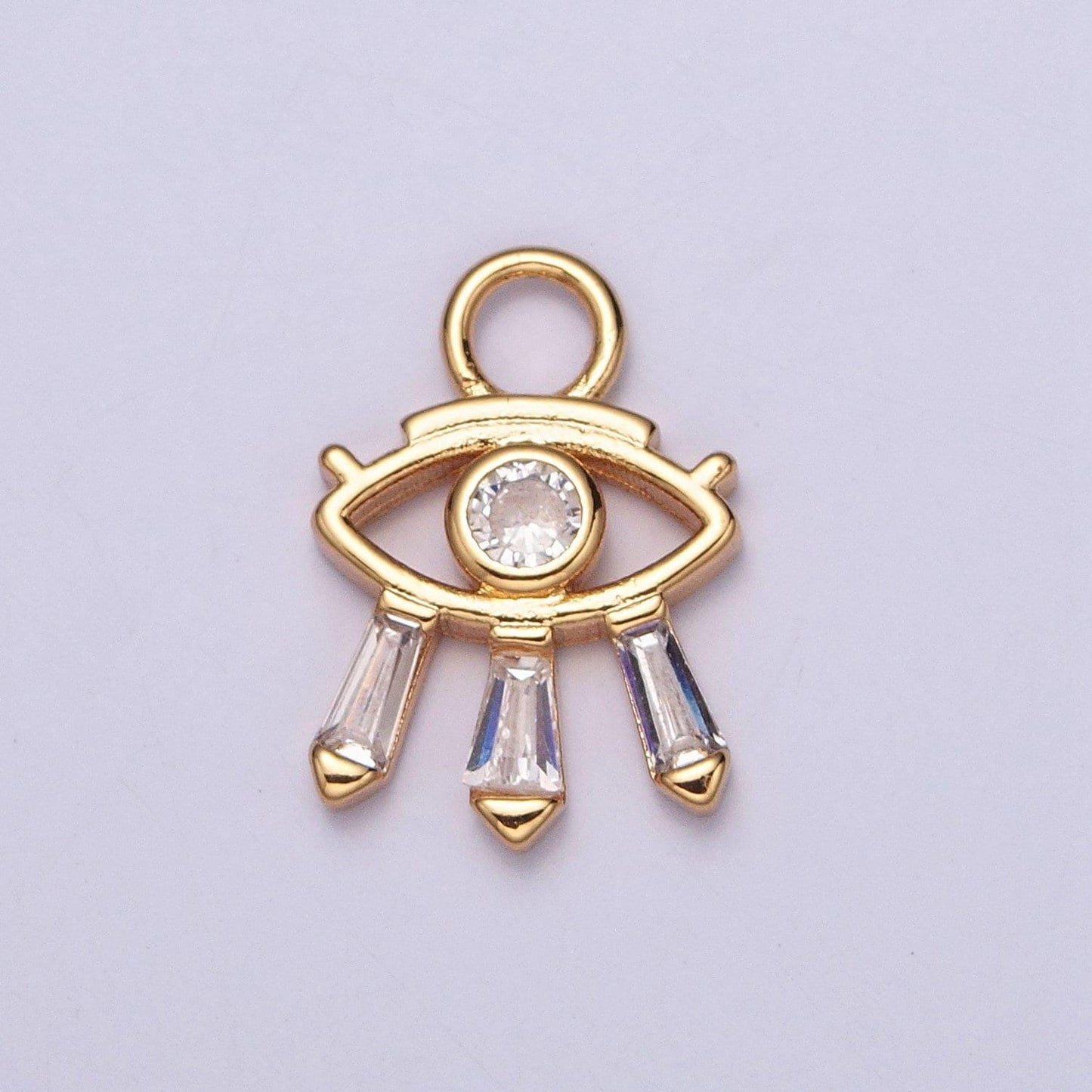 24k gold micro pave cubic zirconia evil eye charm, baguette stone eyelashes, gold plated tiny pendant diy small amulet piece | x-129