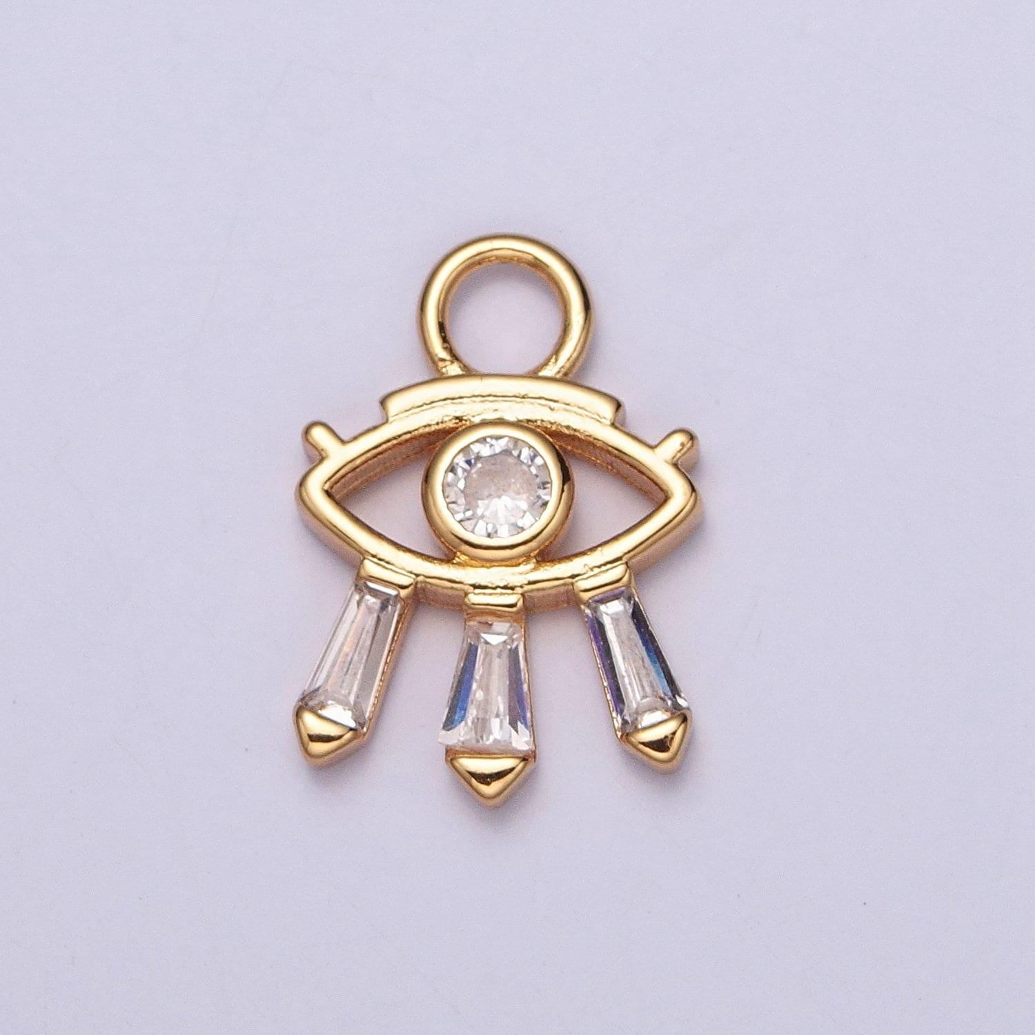 24k gold micro pave cubic zirconia evil eye charm, baguette stone eyelashes, gold plated tiny pendant diy small amulet piece | x-129