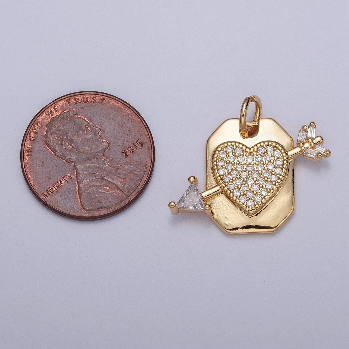 24k gold micro pave cz arrowed heart tag pendant, heart with baguette stones cupid arrow pendant charm for diy jewelry | x-126
